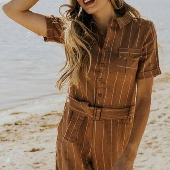 ROOLEE | Womans Romper 100% Linen Medium Brown - Picture 1 of 11